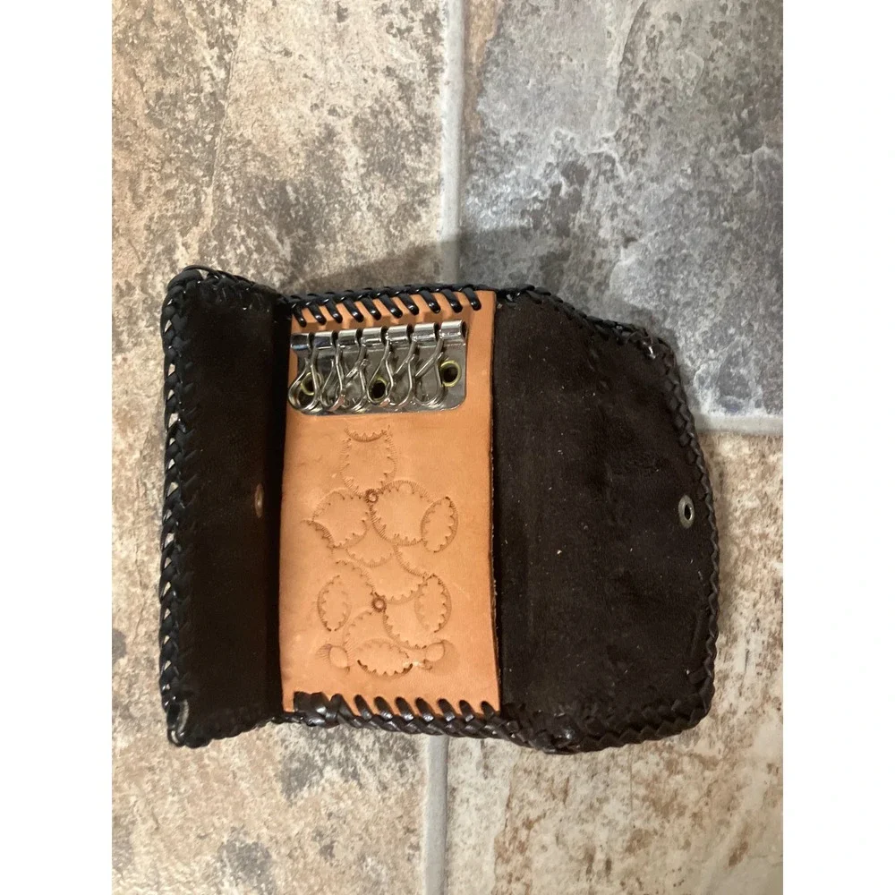 Handmade‎ Dark Brown Suede Leather Key Holder Organizer Wallet Snap Closure